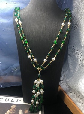 新中式祖母绿琉璃珠毛衣链长款项