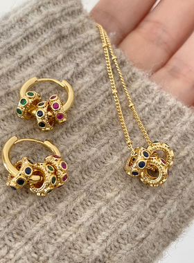 圣诞节新年中古彩色圆圈耳环项链套装可拆卸多戴法耳饰毛衣链颈链