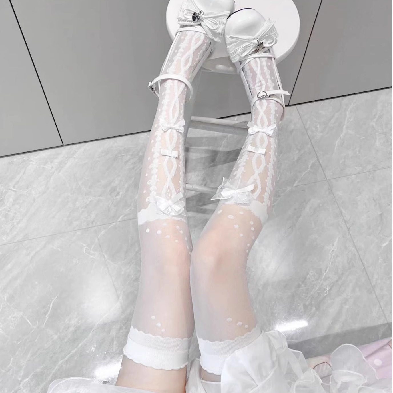 日系洛丽塔交叉蝴蝶结玻璃丝绑带过膝长筒袜白色大腿袜可爱女袜,淘宝优惠券,粉丝福利购,淘宝优惠卷