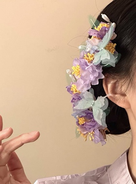超仙蝴蝶花朵发夹紫色花朵古风女