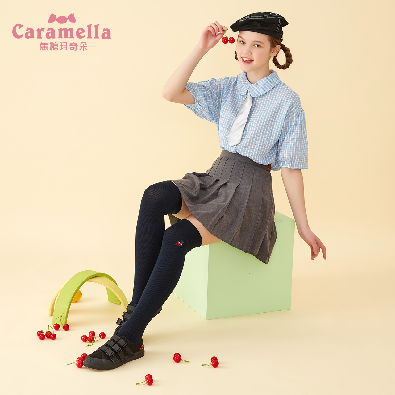 caramellaoutlets店caramella春秋高筒袜女ins潮网红美腿长袜过膝日系刺绣小腿袜棉袜0