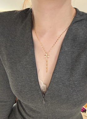 中古金色爆闪四芒星罗盘项链女款轻奢小众高级感叠戴十字架锁骨链