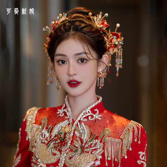 红色秀禾头饰2025新款中式高级花朵古风大气秀禾服龙凤褂新娘发饰