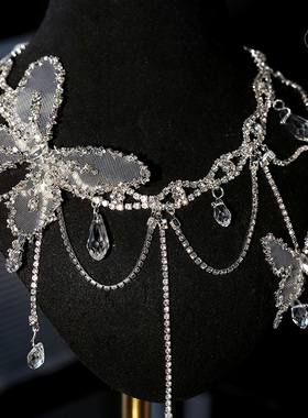 甜酷蝴蝶水钻流苏项链婚纱百搭
