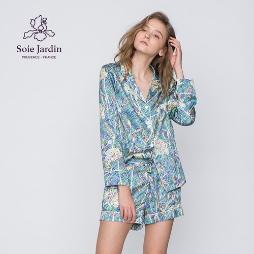 soie jardin3#梵高丝绸睡衣原创印花桑蚕丝家居服三件搭配套装 - 图2