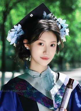 簪花学士帽中式绣球花朵高级感