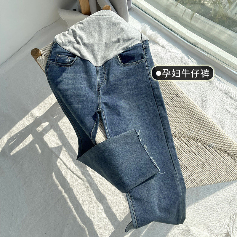 孕妇裤子女春秋直筒蓝色宽松牛仔裤 夏娜莎孕妇直筒裤