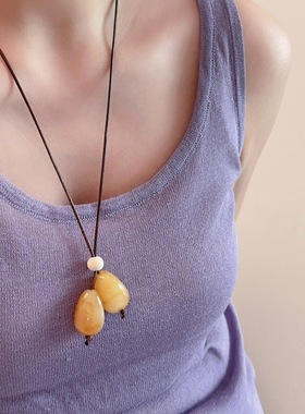 新中式蜡绳树脂吊坠项链女轻奢小众高级感长款毛衣链百搭复古配饰