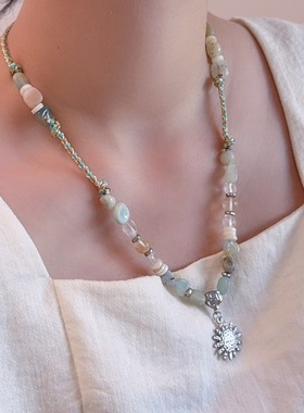 太阳天然石串珠项链女夏季轻奢小众高级感复古编绳锁骨链颈链配送