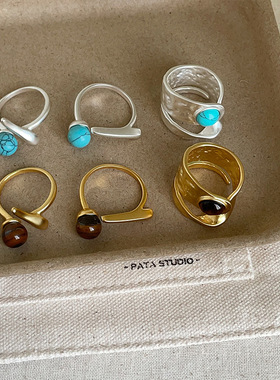 轻奢复古虎眼石绿松石戒指女小众设计感气质独特时尚潮流指环戒子