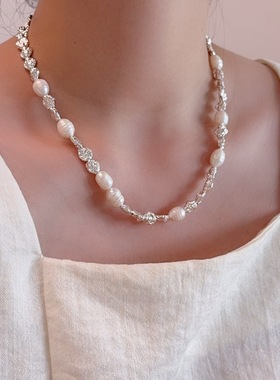 高级设计感小众不规则淡水珍珠项链女简约百搭金属拼接锁骨链配饰