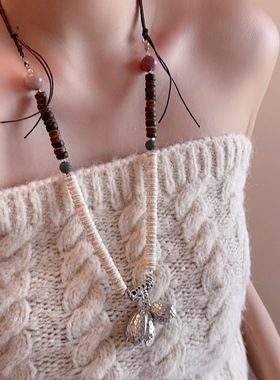 花朵花苞吊坠串珠项链女时尚手工艺制作度假风长款毛衣链颈链配饰