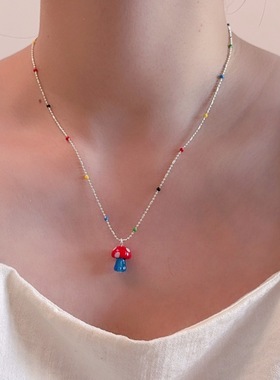 多巴胺彩色串珠蘑菇项链女夏天日常百搭锁骨链颈链小众设计感配饰