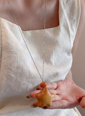 波西米亚复古木雕立体星星吊坠项链女轻奢小众高级感气质锁骨颈链