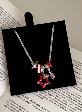 气质甜美红色滴油星星水滴圆圈流苏项链女精致时尚潮流颈链锁骨链