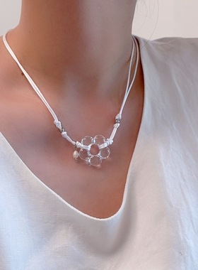 沙滩度假风亚克力花朵珍珠吊坠项链女小众时尚个性锁骨链颈链配饰