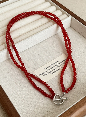 红色串珠双层爱心锁扣项链女轻奢高级感气质潮流时尚颈链锁骨链