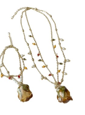 干花玫瑰水晶珍珠双层流苏项链手