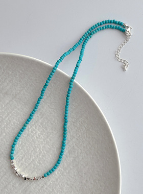 日韩设计感绿松石拼接碎银子项链