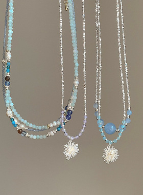 夏季清新百搭蓝色串珠珍珠烟花项