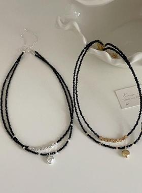 黑色水晶金属爱心项链小众设计复古个性简约百搭气质颈链锁骨链