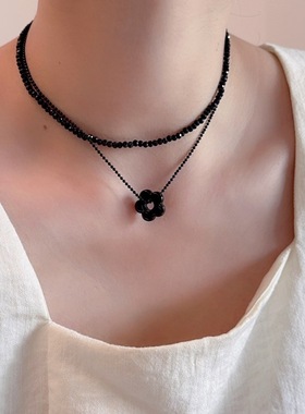 时尚个性黑色花朵双层项链颈链choker锁骨链高级感轻奢小众配饰品