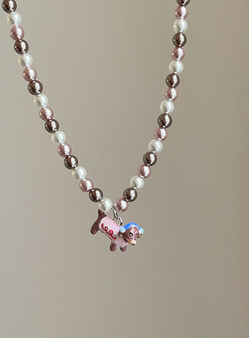 可爱粉色腊肠狗混彩珍珠项链女少