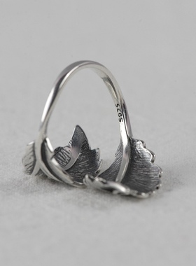 S925纯银复古泰银树叶子个性夸张时尚女食指开口戒指环老银匠手工