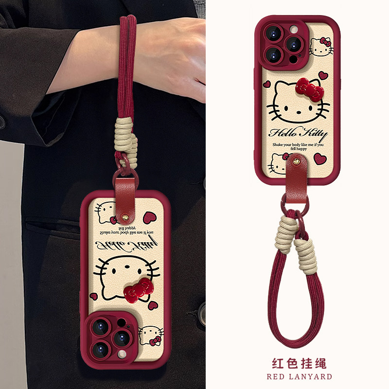 适用苹果16pro手机壳14promax小羊皮红色2025新年女款iPhone15plus猫咪蝴蝶结挂绳13挂绳12高级11磨砂xs/xr套