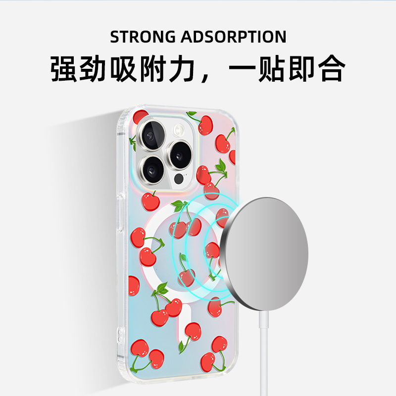 若墨适用苹果15promax手机壳新款iphone16pro女磁吸渐变镭射magsafe高级感14夏日小众13创意时尚樱桃ip12