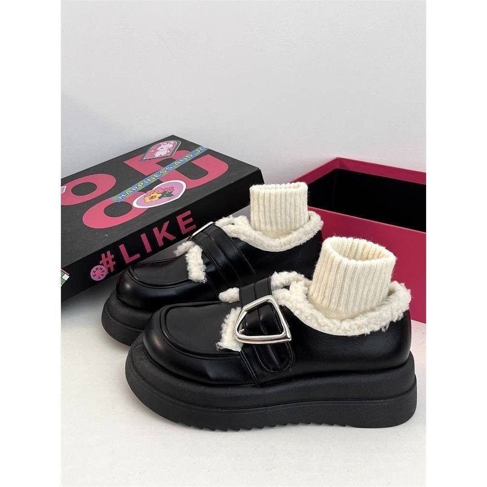 松糕厚底小皮鞋女秋冬新款网红加棉加绒玛丽珍鞋乐福鞋ins潮,淘宝优惠券,粉丝福利购,淘宝优惠卷