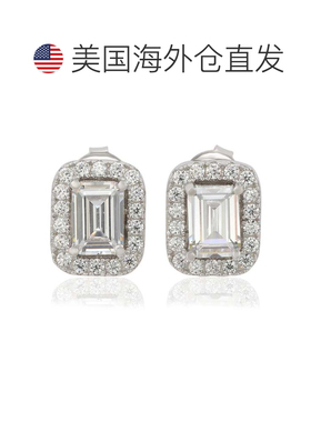 自营Suzy Levian 纯银方晶锆石祖母绿切割光环耳钉 - 白色 美国奥