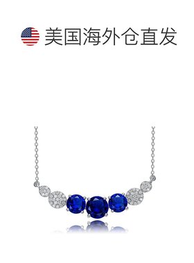 自营 genevive纯银配蓝色蓝宝石和钻石立方氧化锆雪佛龙吊坠项链