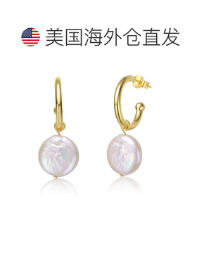 自营genevive纯银 14k 黄金镀白硬币珍珠吊坠侯爵夫人圆形耳环 -