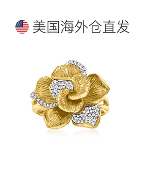 自营Ross-Simons 18kt 金镀在纯银上镶钻花朵戒指 - 白色 美国奥