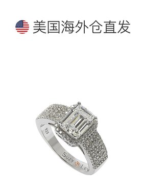 自营 Suzy Levian 白色纯银祖母绿切割白色立方氧化锆光环戒指 -