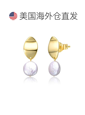 自营genevive纯银 14k 黄金镀白硬币珍珠吊坠侯爵夫人圆形耳环 -