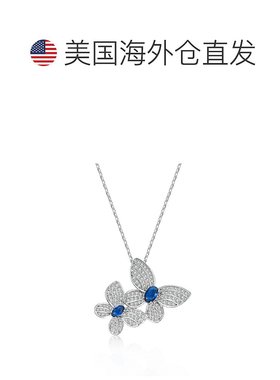 自营 genevive纯银白金镀蓝色蓝宝石和钻石方晶锆石双飞舞蝴蝶吊