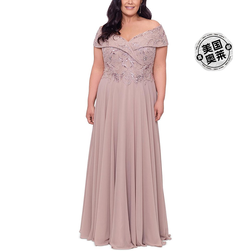 xscapePlus女士 Beaded Long Evening Dress taupe【美国奥莱】-图0