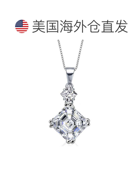 自营 genevive925 纯银白色立方氧化锆方形 Asscher-Cut 吊坠项链
