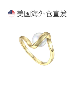 自营 genevive纯银 14k 金镀 7 毫米白色淡水珍珠承诺堆叠丝带戒