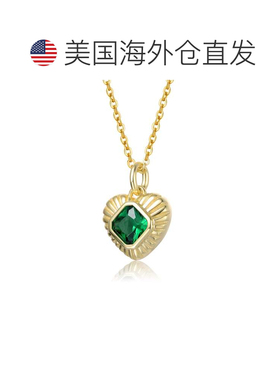 自营geneviveGV 纯银 14k 黄金镀祖母绿方晶锆石日光心形吊坠项链