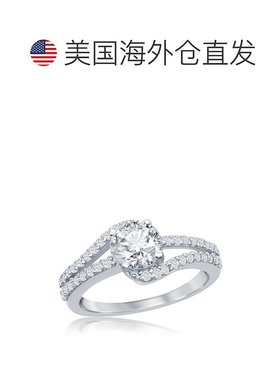 自营 simona 925 纯银圆形双带 CZ 订婚戒指 - 银白色 美国奥莱直