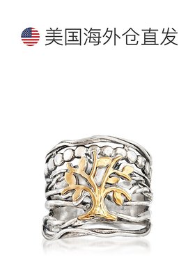 自营 Ross-Simons 纯银和 14 克拉黄金多排生命之树戒指 - 白色
