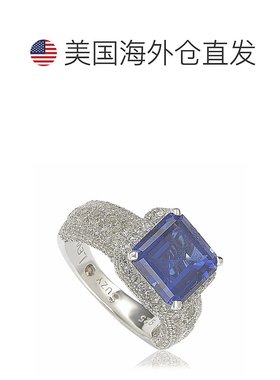 自营 Suzy Levian 925 纯银祖母绿切割蓝宝石和钻石装饰戒指，带