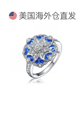 自营 GENEVIVE 纯银蓝宝石立方氧化锆花卉鸡尾酒戒指 - 蓝色 美国