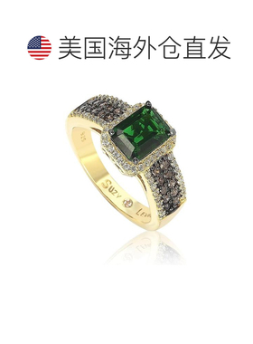 自营 Suzy Levian 黄金纯银祖母绿切割绿色和棕色立方氧化锆光环