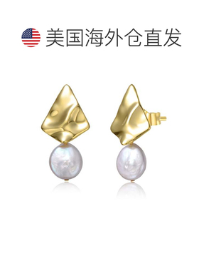 自营genevive纯银 14k 黄金镀白硬币珍珠吊坠几何波纹 3D 双吊坠