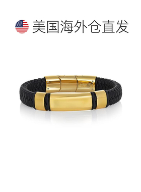 自营Crucible 洛杉矶黑色皮革和不锈钢可雕刻 ID 手链 - 金色 美