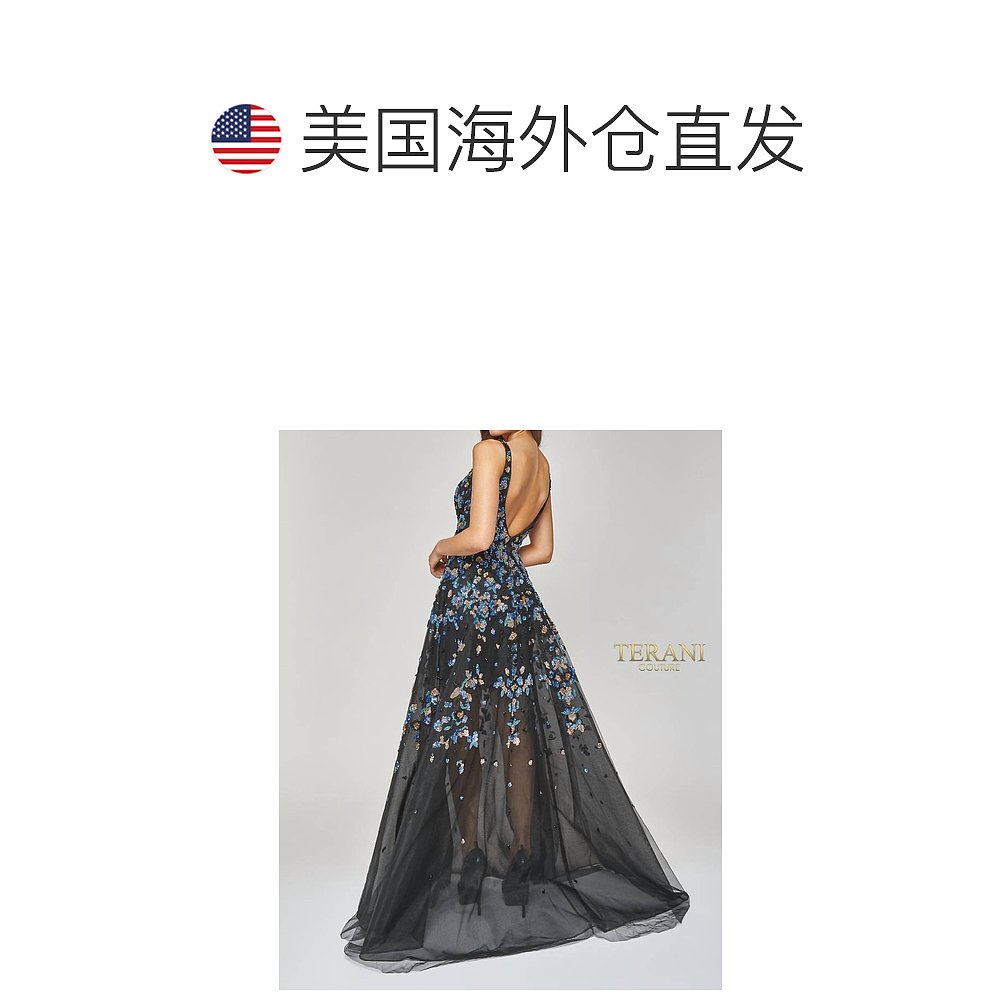 terani couture黑色深 V领亮片长礼服黑色【美国奥莱】直发-图1